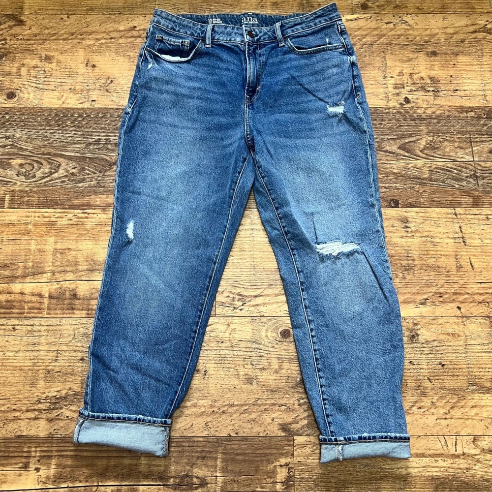 ANA Mid-Rise Boyfriend Jeans Womens 10 Blue Distressed Medium Wash Straight Leg